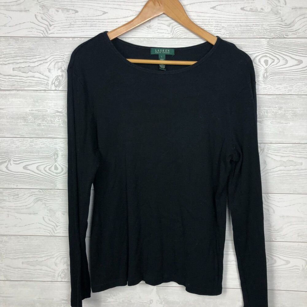 Lauren Ralph Lauren Women's Large Ribbed Long Sleeve Shirt 100% Cotton Black